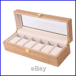 Wood Watch Box Organizer Glass Display Top 6 Grids Jewelry Display Case Tray