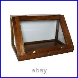 Wood and Glass Angled Display Case with Lock and Key, Brown